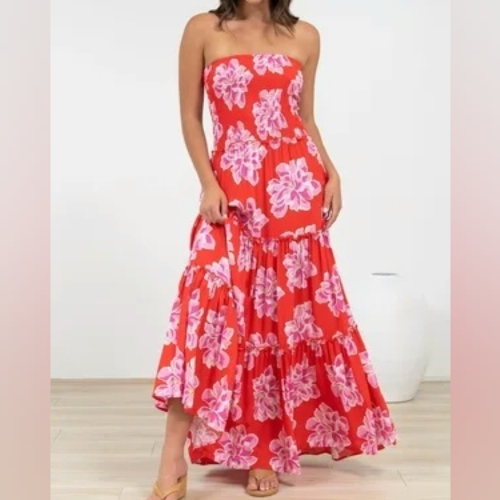 NEW Abel the Label Red Floral Maxi Dress - Pink Bloom Print